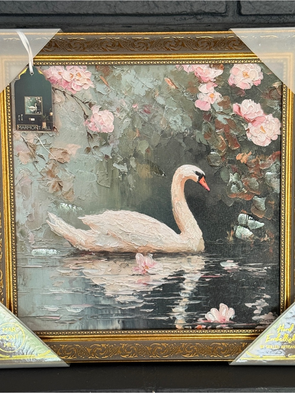 Marmont Hill Swan Floral Framed Wall Art 15x15 Hand Embellished